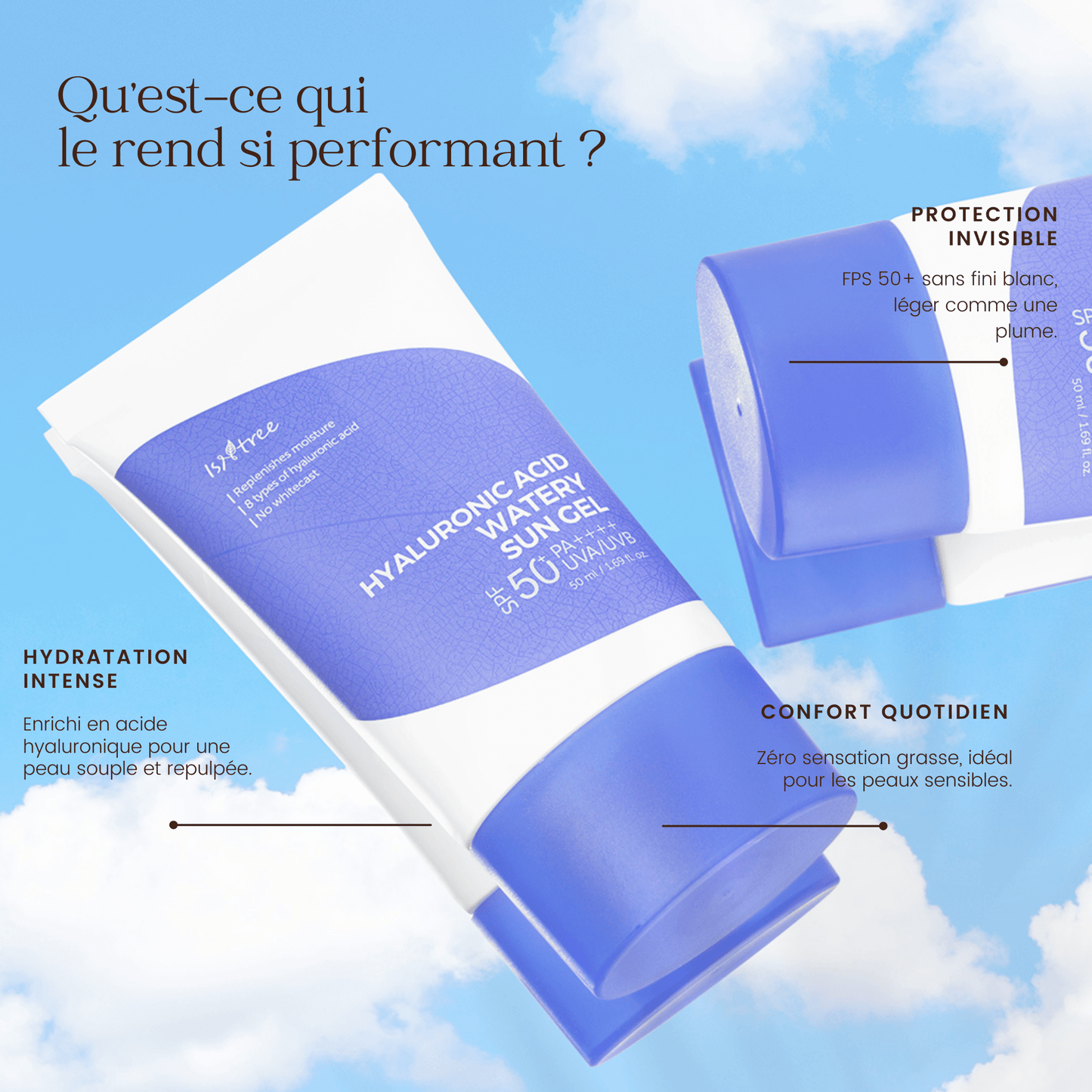 Gel solaire à l'acide hyaluronique SPF50+ PA++++ de la marque Isntree