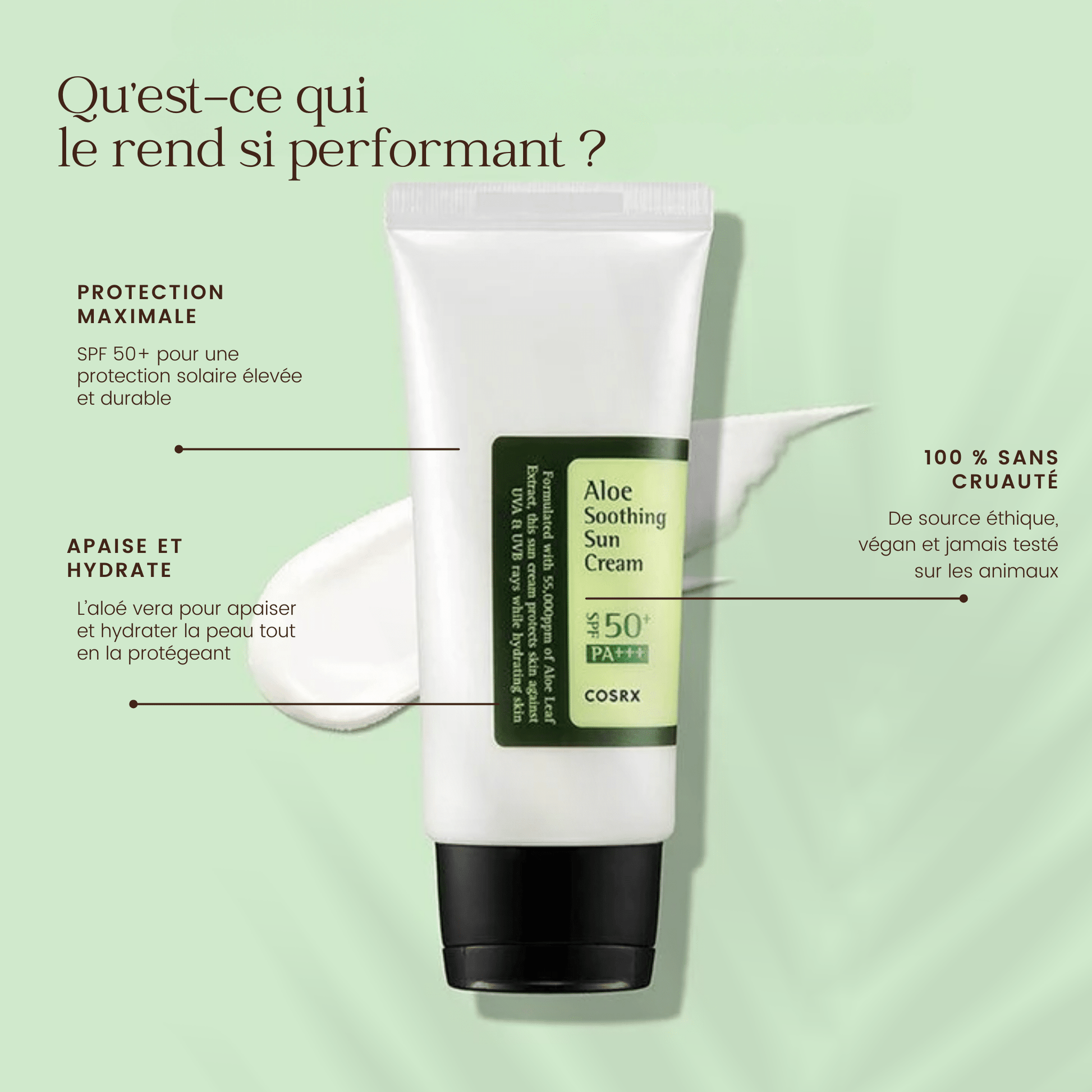 Crème solaire apaisante à l'aloe vera SPF 50+ de la marque COSRX
