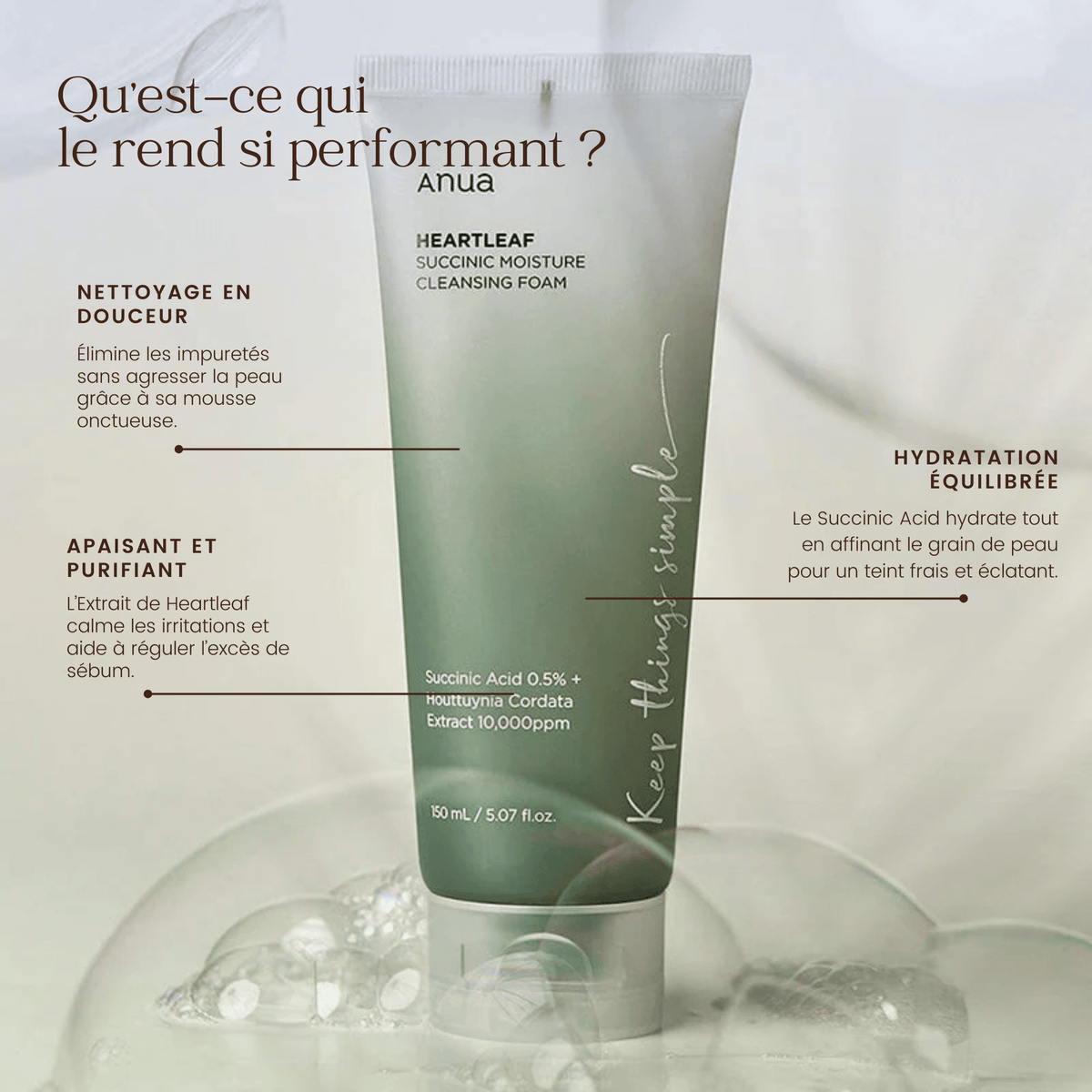 Mousse nettoyante hydratante succinique Heartleaf de la marque Anua