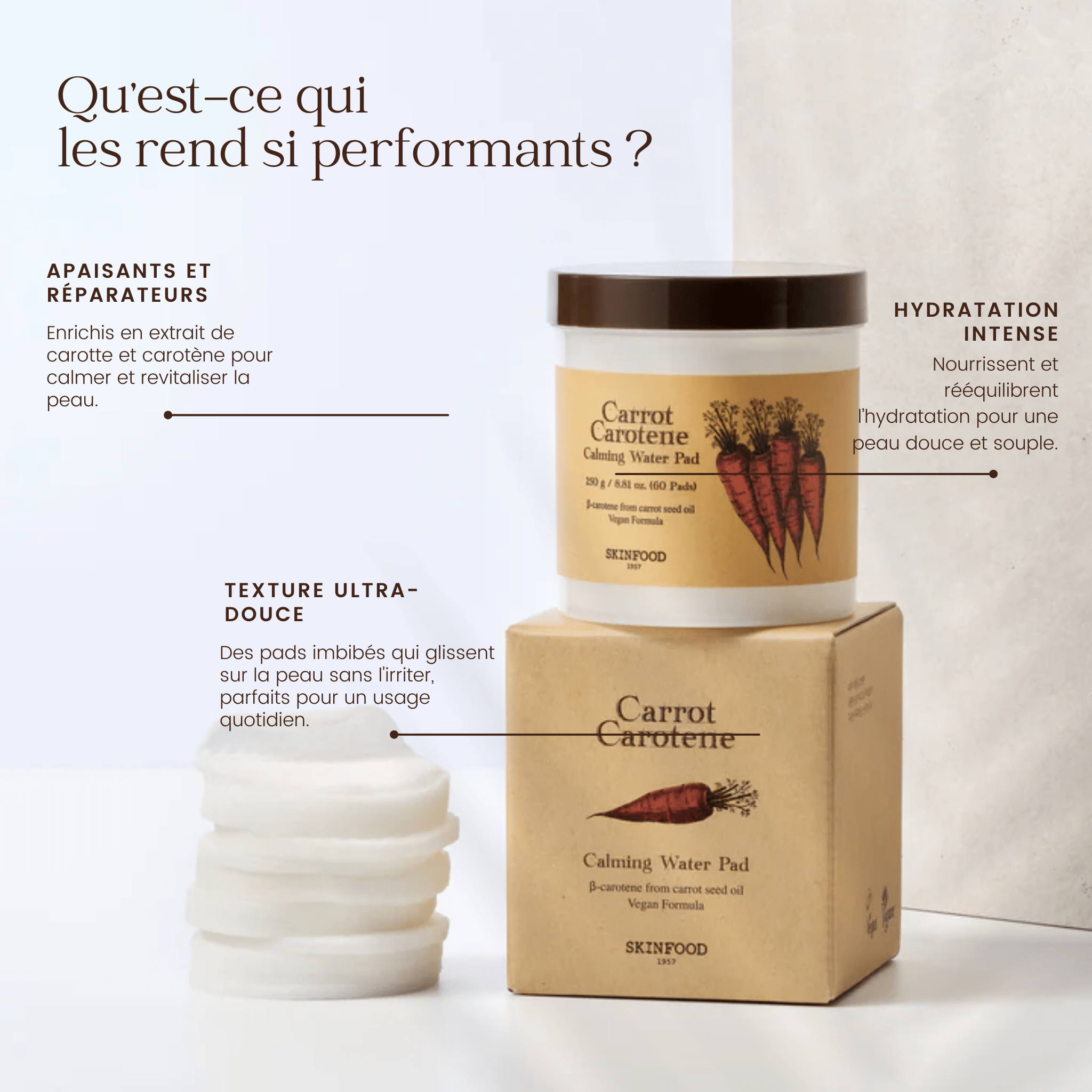 Pads apaisants à la carotte et au carotène de la marque SKINFOOD